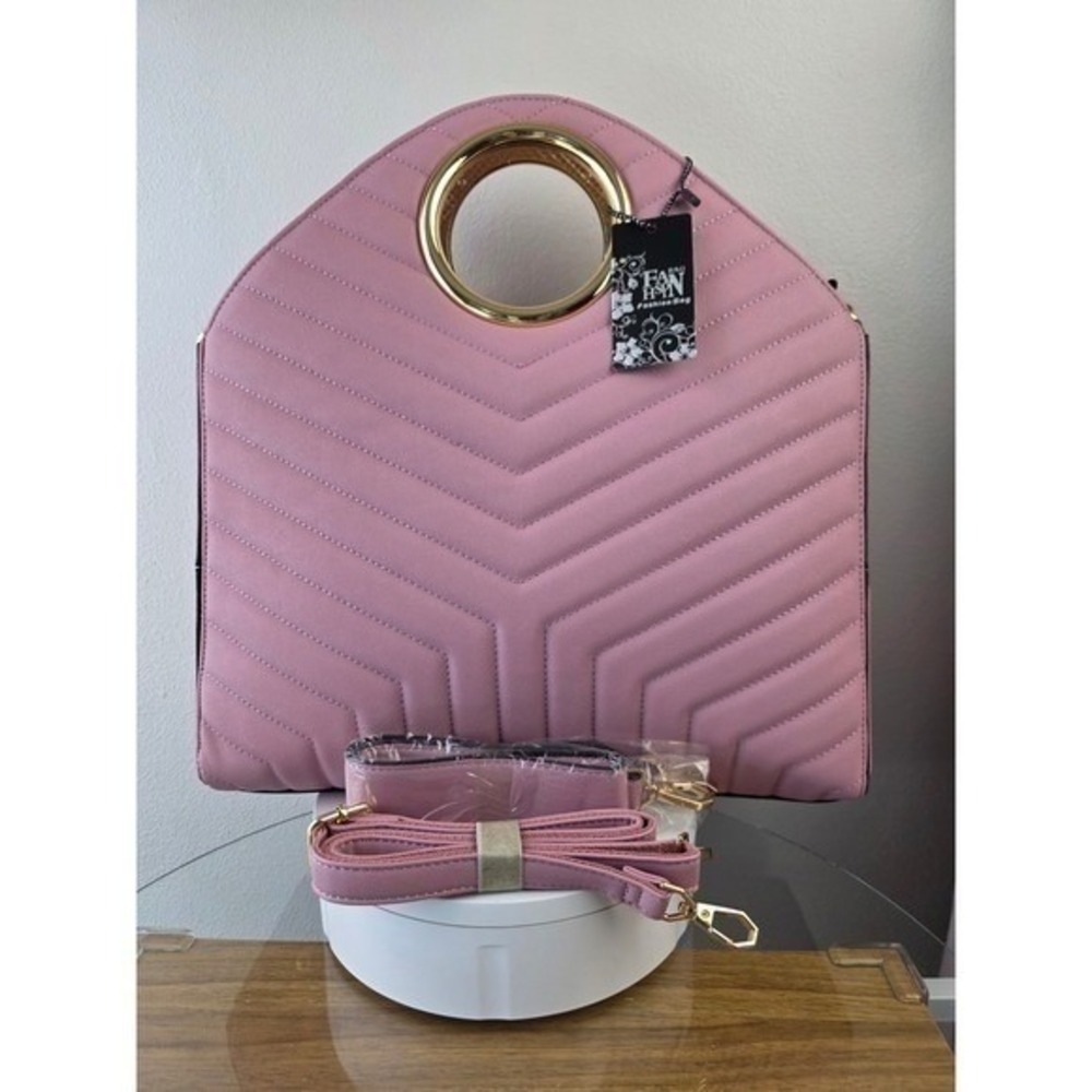 Fan & Hon Quilted Satchel Large Pink Gold Ring Handle Tote Bag Crossbody New